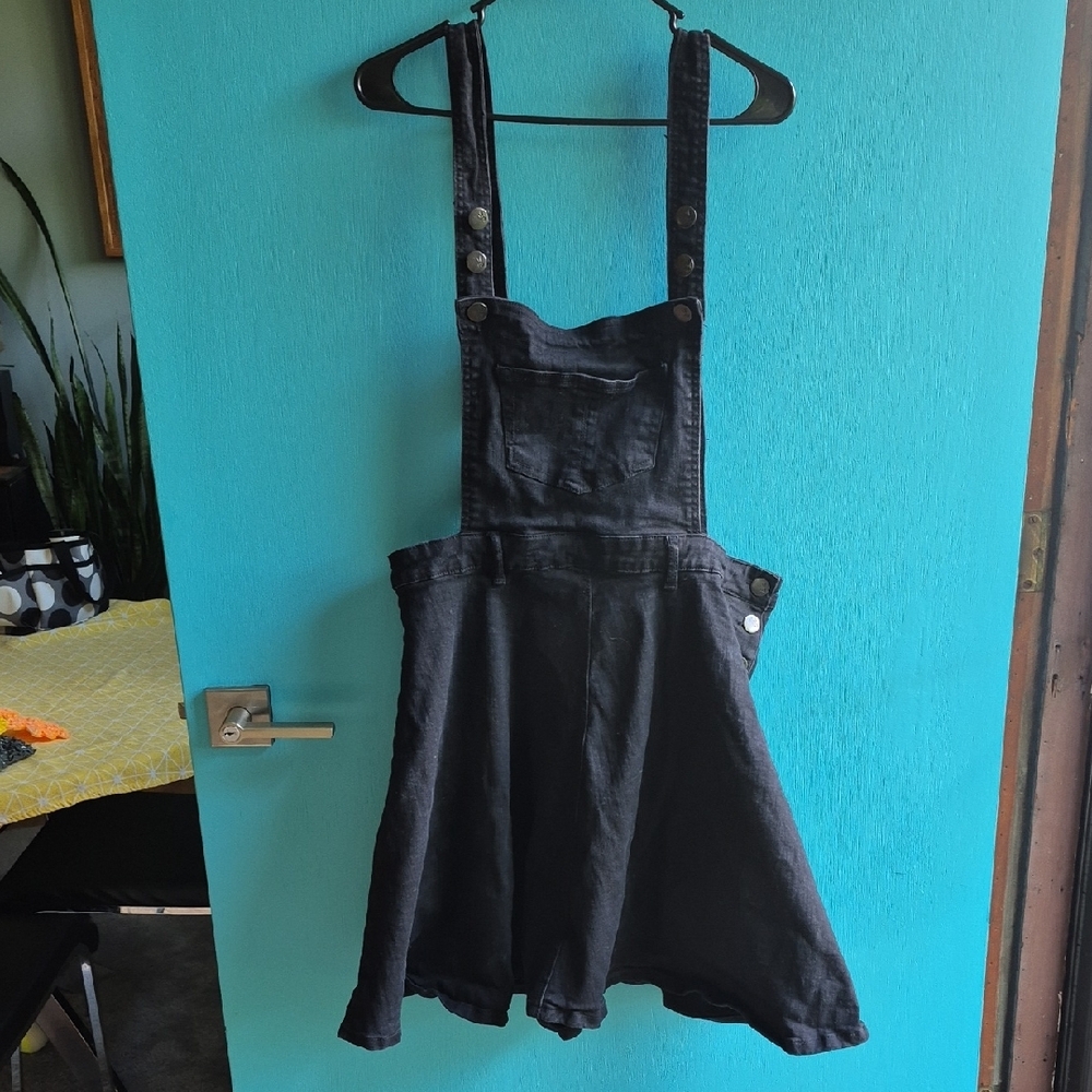 Hell Bunny Womens Pinafore Black Denim Skirt